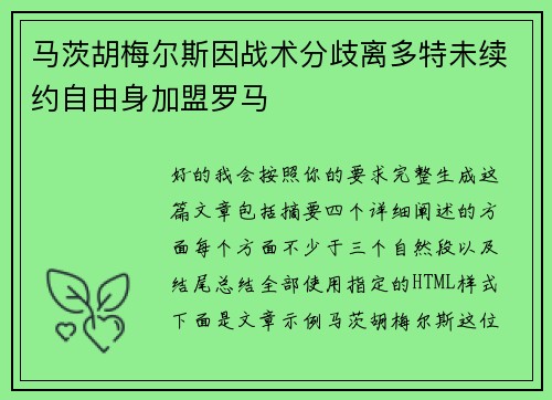 马茨胡梅尔斯因战术分歧离多特未续约自由身加盟罗马 马茨胡梅尔斯因战术分歧离多特未续约自由身加盟罗马